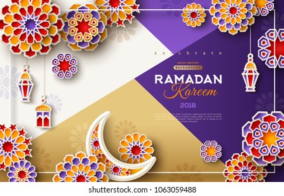 Ramadan Kareem card with 3d arabesque stars and flowers on modern geometric background. Vector illustration. Paper cut symbols for poster or flyer. Place for your text Ramadan Kareem card with 3d arabesque stars and flowers on modern geometric background. Vector illustration. Paper cut symbols for poster or flyer. Place for your text