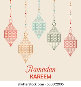Ramadan Kareem card with Arabic lanterns. Vector illustration.