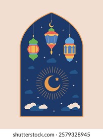 Ramadan Kareem card banner Islamic arches windows moon mosque lanterns in a minimalist style