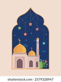 Ramadan Kareem card banner Islamic arches windows moon mosque lanterns in a minimalist style