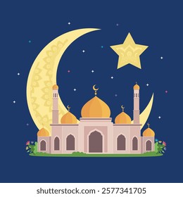 Ramadan Kareem card banner mosque stars flowers large moon on a blue background