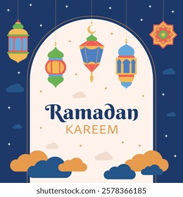 Ramadan Kareem card banner mosque stars moon on blue and beige background