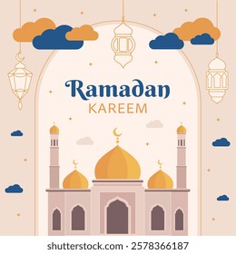 Ramadan Kareem card banner mosque stars moon on blue and beige background