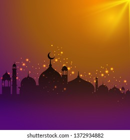 Ramadan Kareem card with beautiful mosque illustration with background. Eid Mubarak ,festival of lights, design card,banner,poster. Ramadan Kareem.