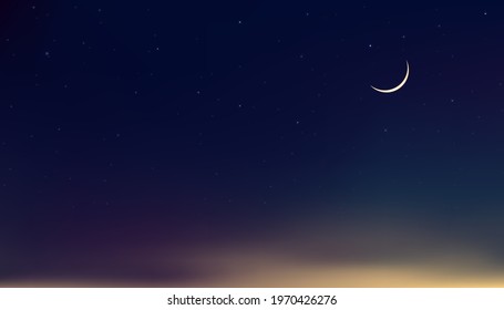 Ramadan Kareem card design background in Dramatic Night with Crescent Moon,Star with Blue, Purple and Orange Sky,Vector Banner of Religions Symbolic of Islamic or Muslim for Eid Mubarak, Eid al fitar 