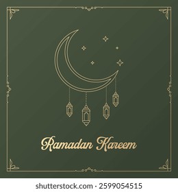 Ramadan Kareem Card Design with Crescent Moon and Golden Lanterns