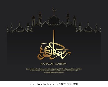 Ramadan kareem card design with  silhouette of mosque, Arabic Islamic Calligraphy text Ramadan Kareem on black background.