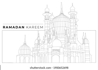 Diseño de tarjetas de kareem de Ramadán. Imagen vectorial de una mezquita esbozada a mano. Diseño minimalista.