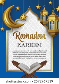 ramadan kareem card with golden half moon and stars. islamic poster with realistic golden lanterns and koran
