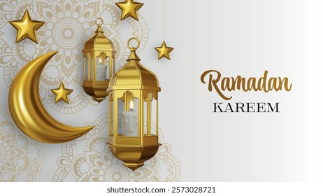 ramadan kareem card with golden half moon and stars. islamic poster with realistic golden lanterns and gold decorations