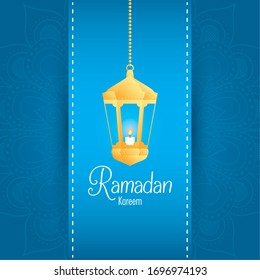 Ramadan kareem card with golden lantern hanging vector illustration design