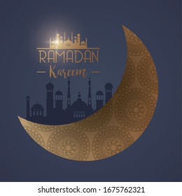 ramadan kareem card with golden moon and taj mahal vector illustration design