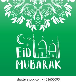 Ramadan Kareem card. Green vector background. Islamic ornament. Calligraphy. Ink hand drawn inscription Eid Mubarak.  Brush lettering. Arabic mosque.