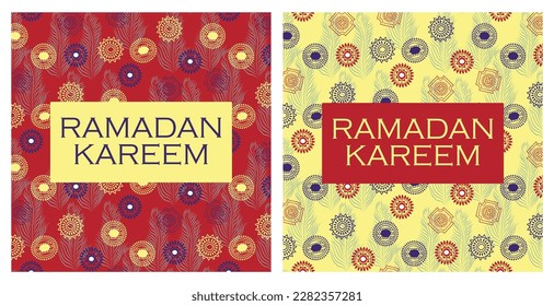 Ramadan Kareem Card Illustration. Begrüßungskarte mit afrikanischen Stammeskunst und Federn. Zeitgenössische ethnische Muster, Vektorgrafik.