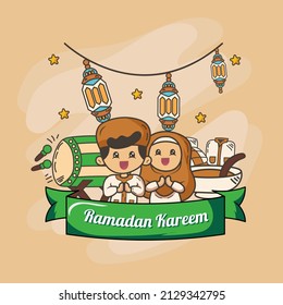 ramadan kareem card with lantern soup drum and muslim kids