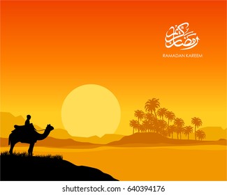 ramadan kareem card, A man ride camel in the grass silhouette with sunset mosque, coconut tree, and sun background in ramadan moment