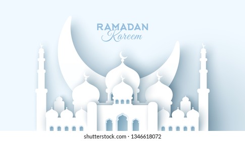 Ramadan Kareem Card with Moon and 3d Paper cut Sheikh Zayed Grand Mosque on White Background. Vector illustration. Place for your Text.