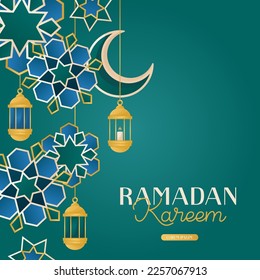 Ramadan Kareem card with moon crescent, traditional lanterns. Invitations with islamic geometric patterns, arabesque. Glorious month of muslim year, holy holiday. Banner, flyer, advertising. Vector. 