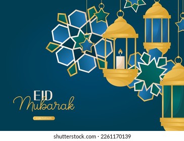 Ramadan Kareem card with moon crescent, traditional lanterns. Invitations with islamic geometric patterns, arabesque. Glorious month of muslim year, holy holiday. Banner, flyer, advertising. Vector. 