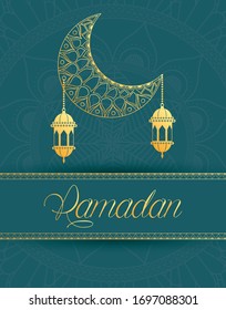 Ramadan kareem card with moon and golden lantern hanging vector illustration design