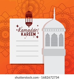 tarjeta ramadan kareem con fachada de mezquita y linterna colgando ilustración vectorial diseño