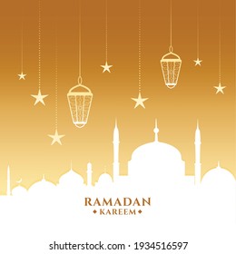 ramadan kareem card with mosque and lanterns