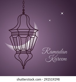 Ramadan Kareem card with oriental lamp on purple background. Vector illustration