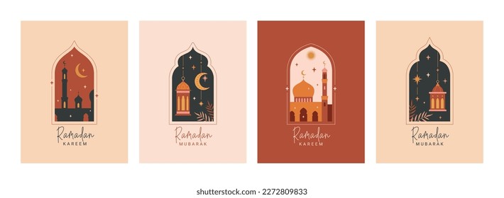 Ramadan Kareem card, poster, holiday cover set. Set of islamic greeting cards in modern design, banner template. Collection of oriental style Islamic windows and arches, moon, mosque, lanterns.