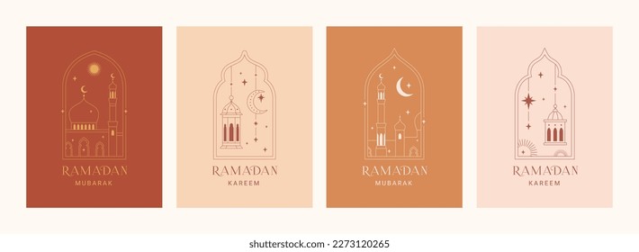 Ramadan Kareem card, poster, holiday cover set. Collection islamic greeting cards, banner template. Modern beautiful design in geometric minimal style. Trendy gradient, linear frames, stars, arches