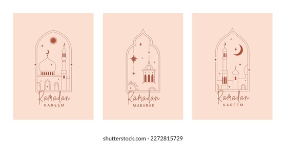 Ramadan Kareem card. Set of islamic greeting cards, banner template, posters, holiday cover set. Modern beautiful design in trendy minimal style. Islamic arches and windows, moon, mosque, lanterns. 