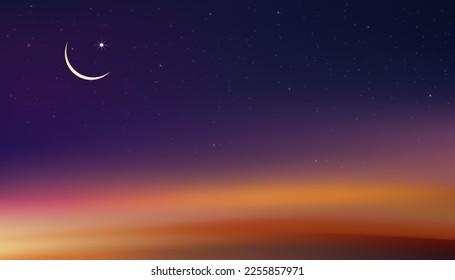 Tarjeta Ramadan Kareem, fondo de diseño de saludos islámicos con luna creciente sobre el colorido fondo del cielo al atardecer, Religiones vectoriales simbólicas de los musulmanes para Ramadan Kareem, Eid Mubarak, Eid al adha.Eid al fitr