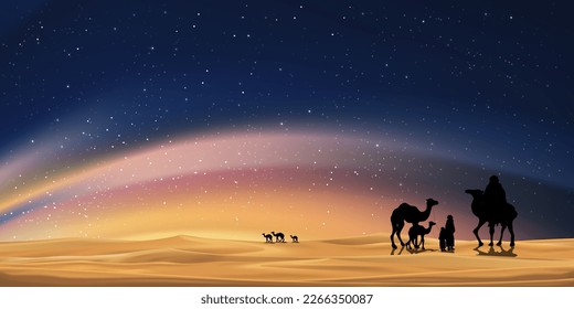 Ramadan Kareem card,Muslim caravan riding camels on desert sand dunes with dusk sky,Milky Way and Orange light,Vector banner Ramadan Night for Islamic religion,Eid al Adha,Eid al fitr,Eid Mubarak