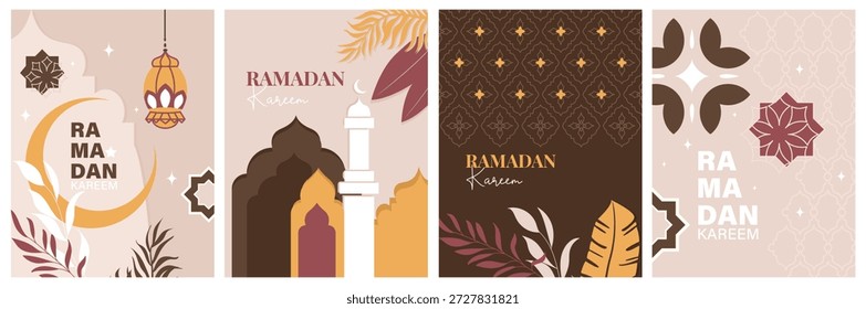 Ramadan Kareem cards set in flat geometric style. Islamic banners and posters with mosque, buildings, crescent moon, women characters, decorative patterns and clean typography. 