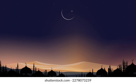 Ramadan Kareem card,Silhouette Dome Mosques,Crescent Moon,Star on Dusk Sky,Vector religions symbolic of Islamic for Generous Ramadan,New moon,Prayer time.Eid Mubarak,Eid al Adha,Eid al Fitr 