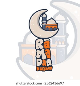 Ramadan kareem in carton design with moon, mosque and mosque tower. ramadan template design