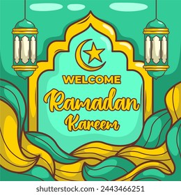 Ramadan Kareem with cartoon Islamic Illustration ornament