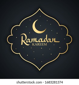 Ramadan Kareem celebrate card with hand lettering and gold crescent moon symbol. Template for Ramadan Holy Month greetings and invitations. Vector illustration.