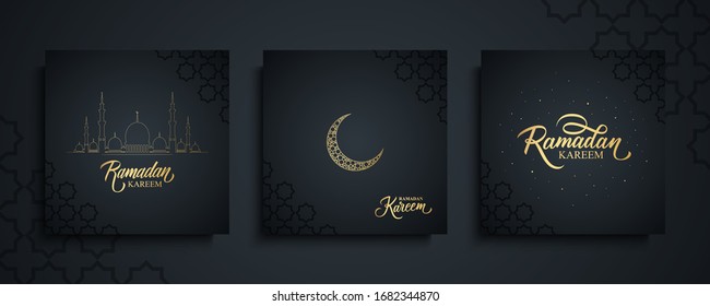 Ramadan Kareem celebrate cards set. Ramadan islamic holiday invitations templates collection with gold crescent moon, hand drawn lettering and mosque. Vector illustration.