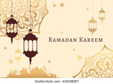 Ramadan Kareem celebrate greeting card or illustration with paper cutting style with arabic design patterns and lanterns, arabic lamp. Vector illustration. EPS 10