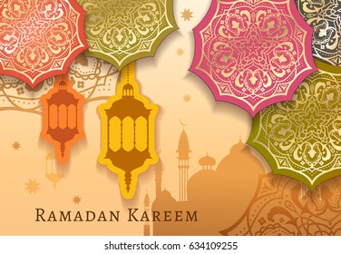 Ramadan Kareem celebrate greeting card or illustration with paper cutting style with bright colored arabic design patterns and lanterns, arabic lamp. Vector illustration. EPS 10