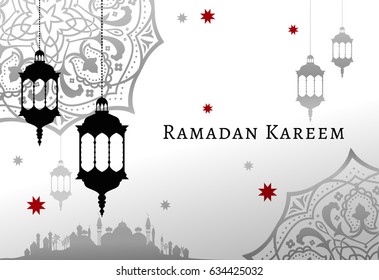 Ramadan Kareem celebrate greeting card or illustration with paper cutting style with arabic design patterns and lanterns, arabic lamp. Vector illustration. EPS 10