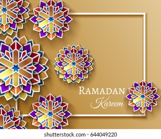 Ramadan Kareem celebrate greeting card or illustration with paper cutting style with bright colored arabic islamic geometric art. Islamic decoration. Vector illustration. EPS 10