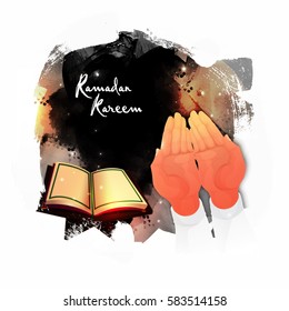 Ramadan Kareem celebration abstract background with illustration of praying human hand in front of Holy Quran Shareef.