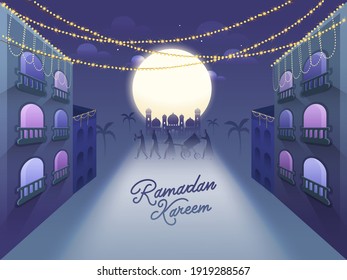 Ramadan Kareem Celebration Background With Full Moon, Buildings, Mosque And Muslim People Playing Drum In Suhoor Time.