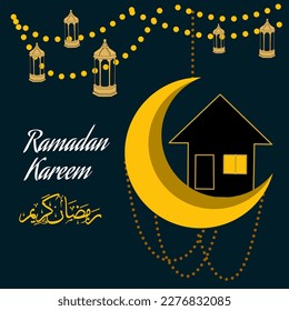 Ramadan Kareem Celebration Background With lantern, crescent Moon,  people suhoor on the house. 