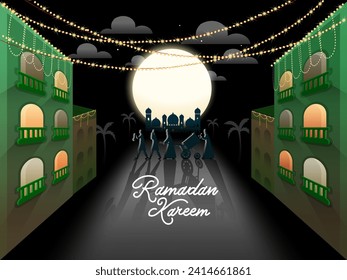 Ramadan Kareem Celebration Background with Residential Buildings, Mosque and Muslim People Playing Drum in Full Moon Night View.
