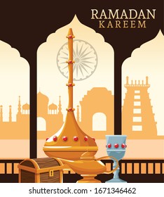 ramadan kareem celebration card with chest and chalice vector illustration design