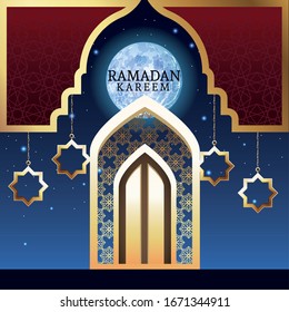 ramadan kareem celebration card with golden door vector illustration design
