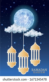 ramadan kareem celebration card with lanterns hanging at night vector illustration design