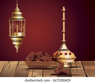 ramadan kareem celebration with chalice golden and food vector illustration